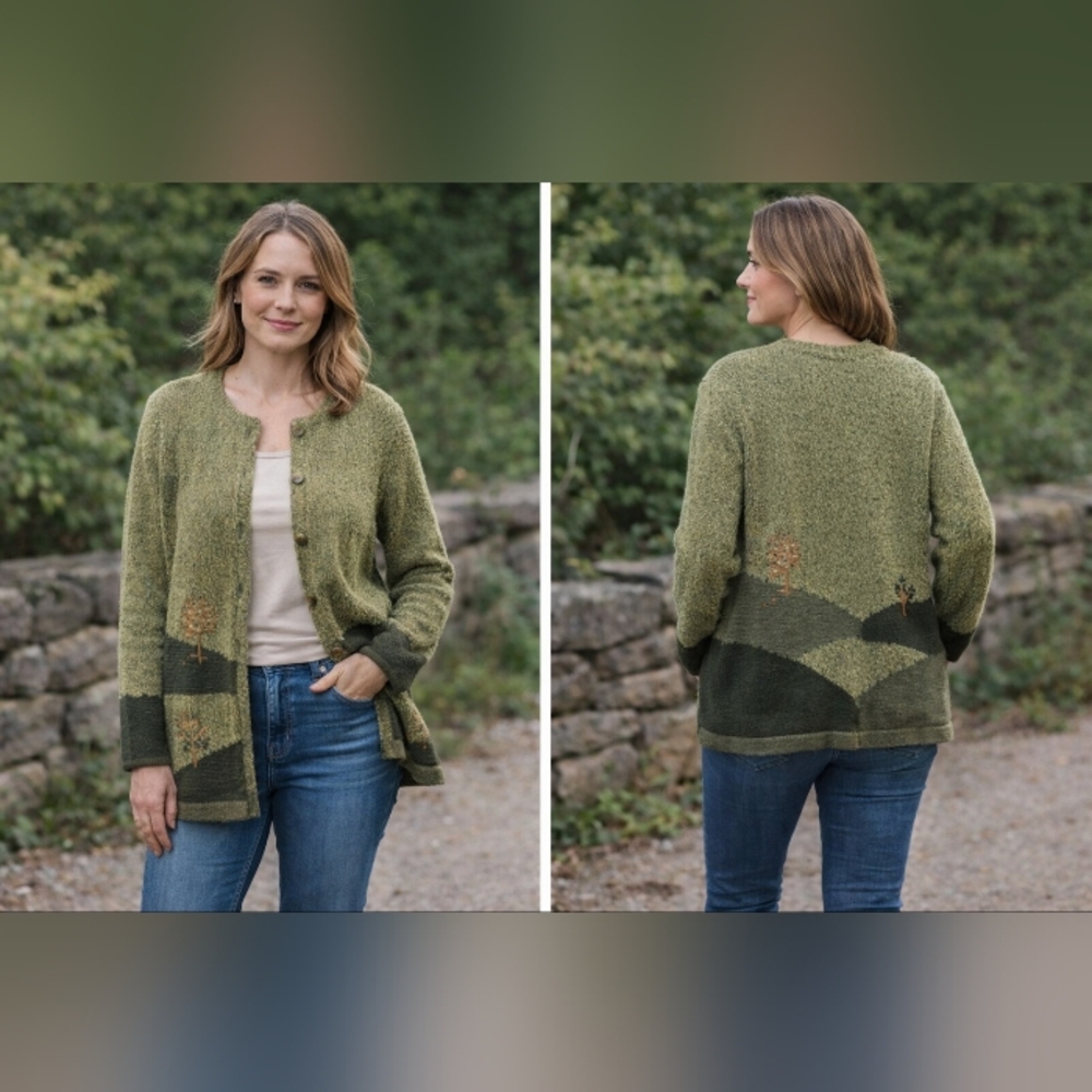 c.j.banks hand embroidered landscape cardigan sweater green 1x